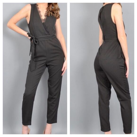 DO + BE - LACE WRAP V-NECK JUMPSUIT - Picture 1 of 9
